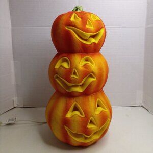 Vintage 3 Tier Jack O Lantern Pumpkin Felt Covered Blow Mold Halloween 18" Works